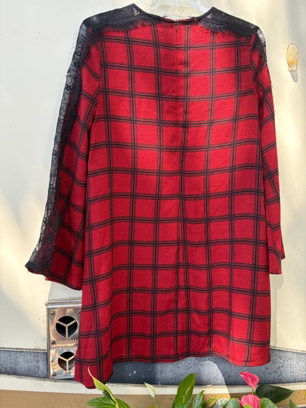 Gianni Bini Red and Black Plaid Long Sleeve Dress with Lace Shoulders - Picture 4 of 7